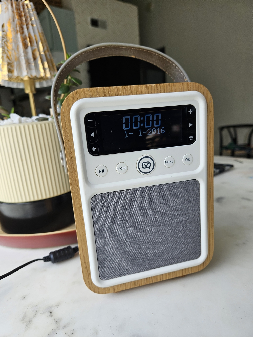 Portable Bluetooth Speaker with Digital Clock - White & Wood Finish